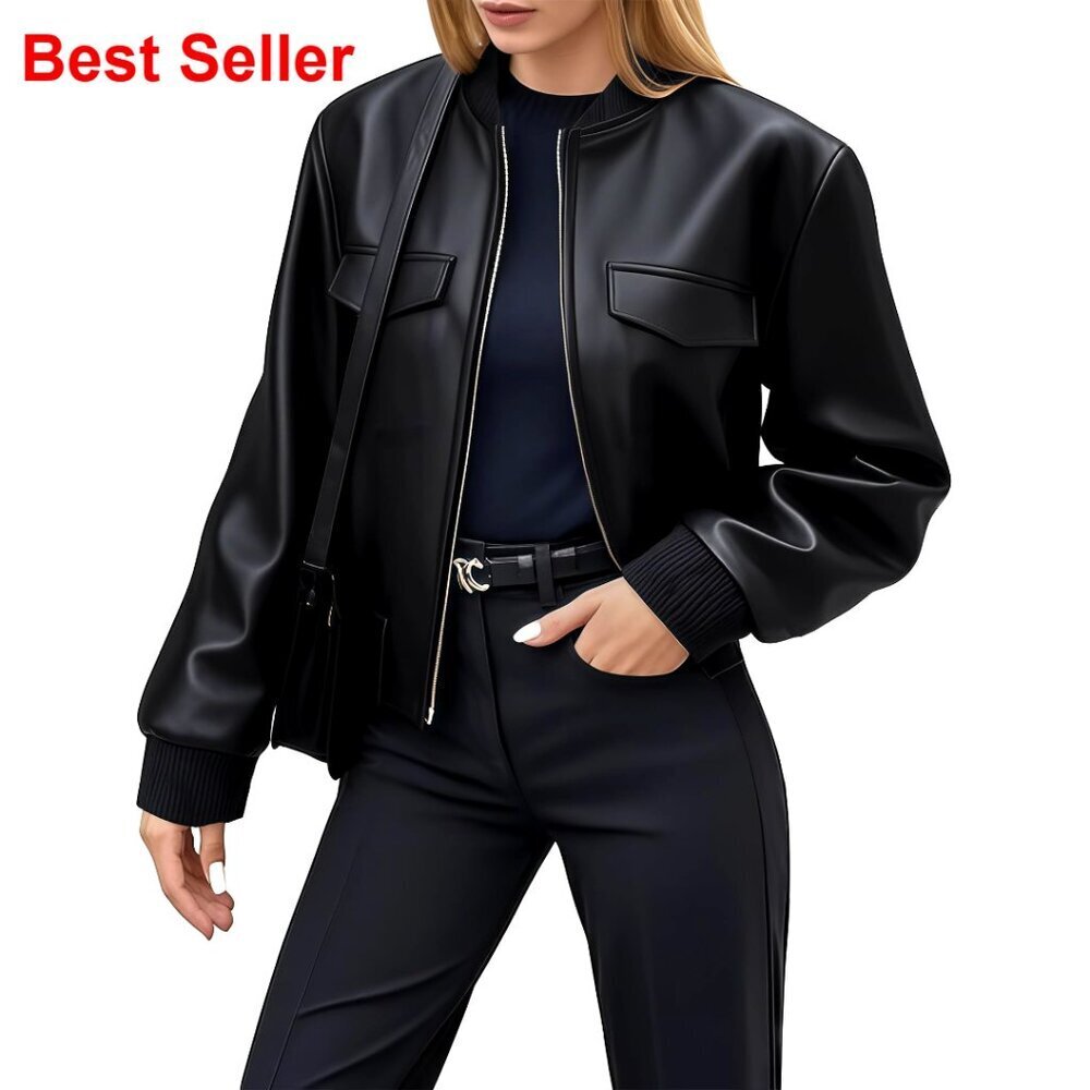 Faux Leather Cropped Bomber Jacket for Casual Outfits